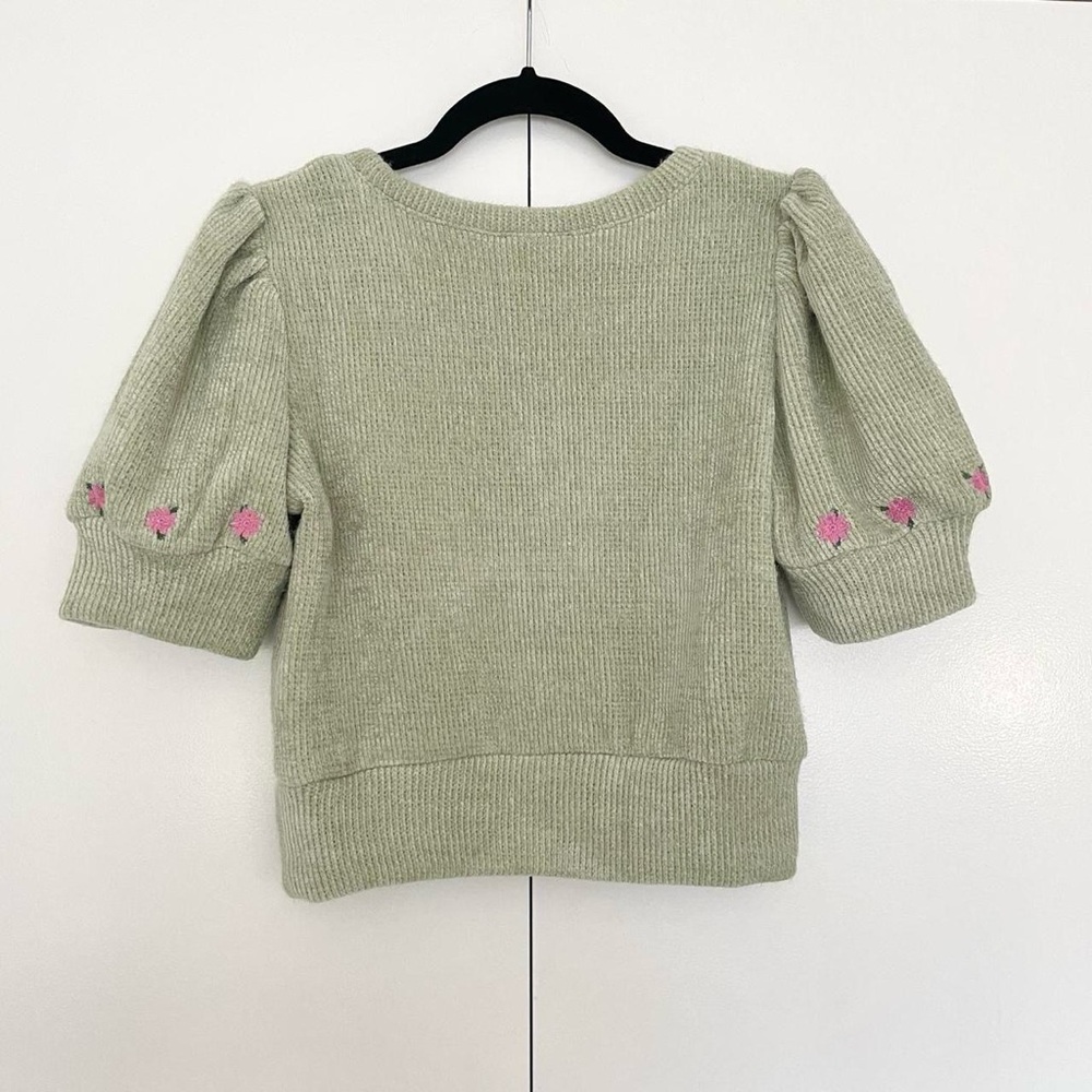 Zara | Pistachio green knit sweater top with pink embroidered roses | Size L - Picture 6 of 8